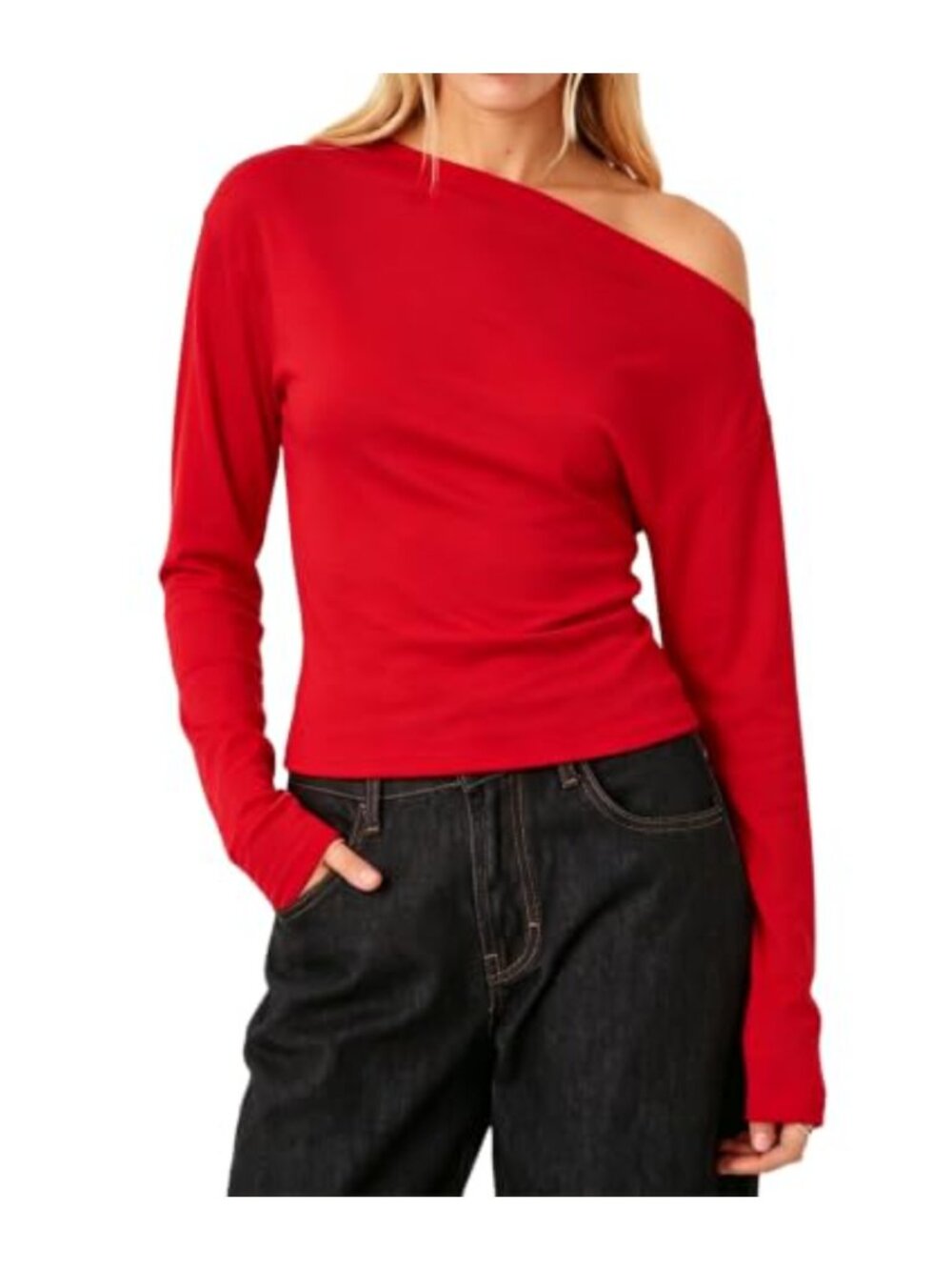 Womens Off Shoulder Ruched Cinched Waist Long Sleeve Top Blouse